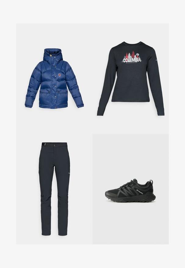 Fjällräven EXPEDITION DOWN LITE JACKET W - Dunjacka - navy; Långärmad mörkgrå tröja med grafik av röda träd och berg; "COLUMBIA"-logotyp i fet vit text. Mjukt tyg, standard rund hals.; Herrernas utomhusbyxor, mörkgrå, tillverkade av flexibelt material, med ett bälte, zip-fickor och förstärkt sömnad.; Columbia PEAKFREAK - Hikingskor - black