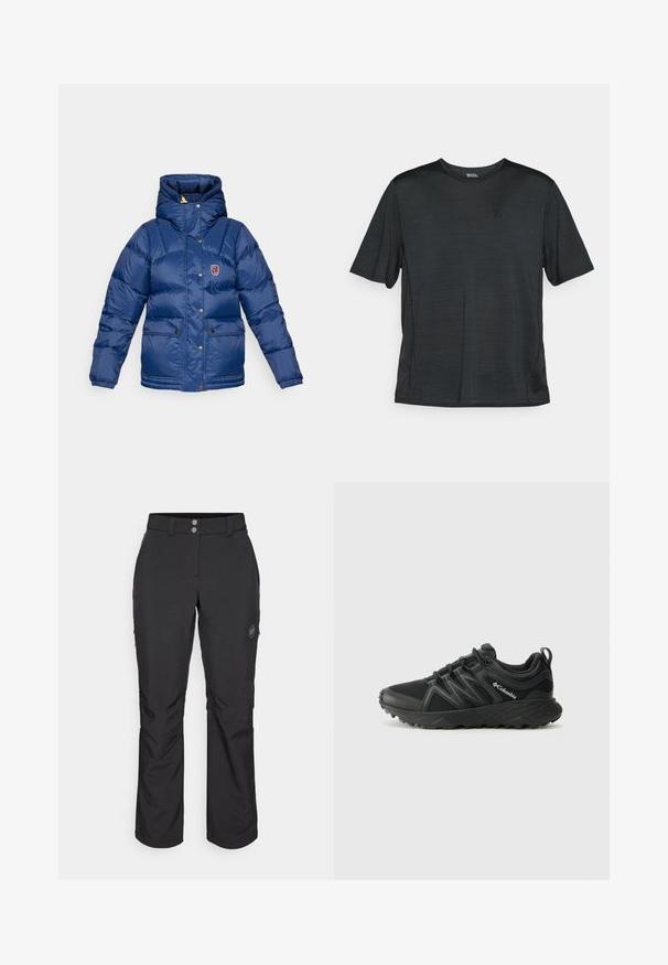Fjällräven EXPEDITION DOWN LITE JACKET W - Dunjakker - navy; Sort kortærmet træningsskjorte lavet af letvægts, fugttransporterende stof. Har en rund hals og et lille logo på brystet.; Sorte udendørsbukser med lige snit, der har knaplukning, lynlåslommer i siderne og et logo-patch på venstre lår.; Columbia PEAKFREAK - Hikingsko - black