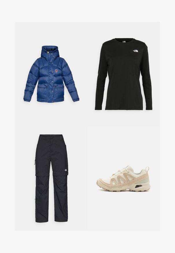 Fjällräven EXPEDITION DOWN LITE JACKET W - Piumino - navy; T-shirt nera a maniche lunghe in cotone con colletto rotondo. Presenta un piccolo logo bianco sul lato sinistro del petto. Design semplice e vestibilità comoda.; Pantaloni cargo in nylon nero con zip rimovibile, polsini regolabili, molteplici tasche e un logo sulla gamba destra. Tessuto liscio e leggero.; Scarpa atletica beige e crema con tomaia in mesh testurizzato, sovrapposizioni supportive e suola in gomma con un motivo a tasselli per la trazione.