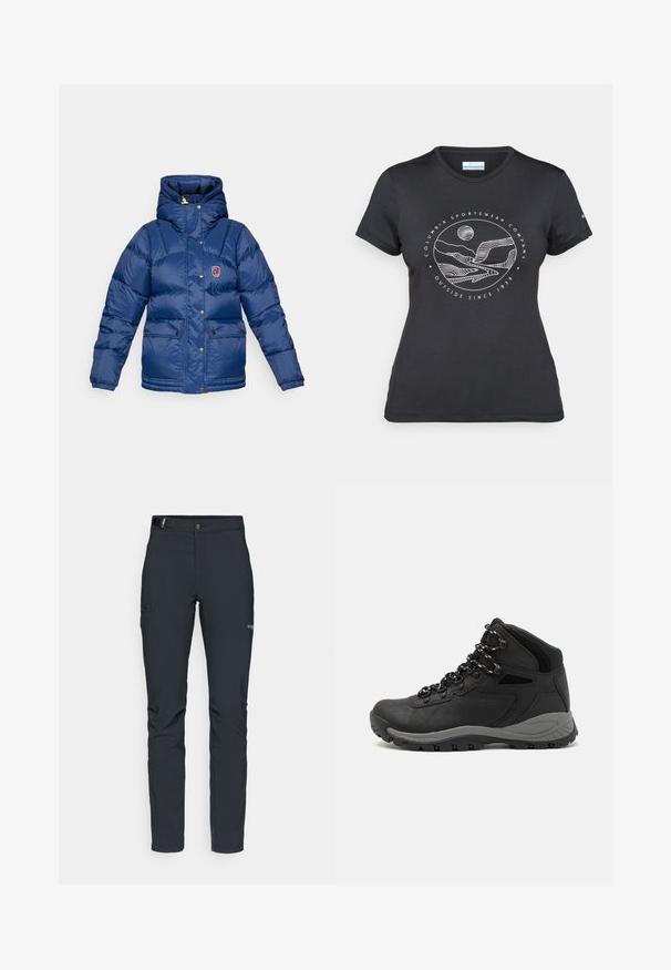 Fjällräven EXPEDITION DOWN LITE JACKET W - Casaco de penas - navy; T-shirt preto da Columbia com arte em linha branca circular representando montanhas e rios, e o texto "Columbia Sportswear Company Outside Since 1938."; Calças de exterior para homens, cinza escuro, feitas de material flexível, com cinto, bolsos com fecho éclair e costuras reforçadas.; Bota de caminhada preta com design de cano médio, apresentando um upper texturizado, detalhes cinzentos e sola de borracha durável com cravos de tração.