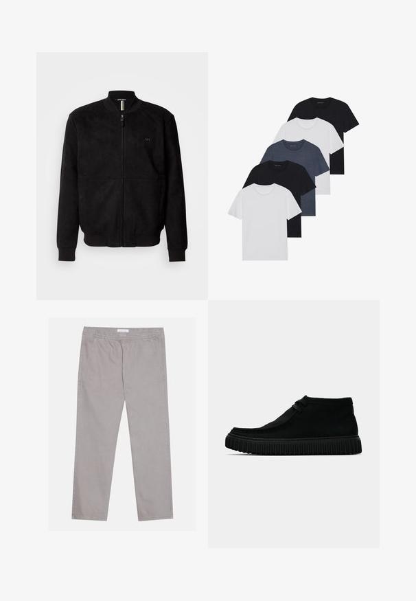 Jachetă bomber neagră din suede, cu fermoar complet, mansete și tiv ribbate, având un detaliu minimalist al logo-ului pe piept.; Set de cinci tricouri în negru, alb și albastru închis. Fabricat din bumbac, cu mâneci scurte, design cu gât rotund și textură uniformă, fără modele.; Pantaloni din bumbac gri deschis, cu talie elastică, două buzunare laterale, design cu picioare drepte și o textură netedă. Detalii simple de cusătură.; Botine negre până la gleznă, fabricate din material moale, cu vârf rotund, șireturi minime și o talpă din cauciuc texturată, cu caneluri verticale.