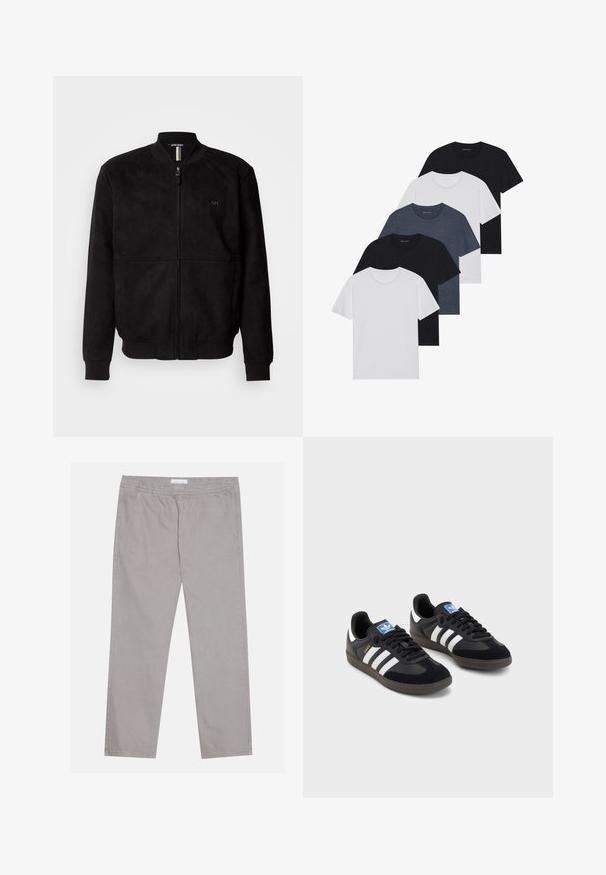 Black suede bomber jacket featuring a full zip closure, ribbed cuffs and hem, with a minimalist logo detail on the chest.; Set of five t-shirts in black, white, and navy blue. Cotton fabric, short sleeves, crew neck design, and plain texture with no patterns.; Light gray cotton pants with an elastic waistband, two side pockets, straight leg design, and a smooth texture. Simple stitching detail.; Black sneakers with a suede and synthetic upper, featuring three white stripes, textured rubber sole, and blue logo tag on the tongue.