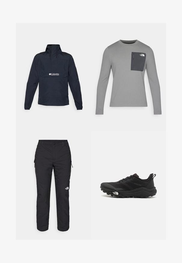 Mørkeblå anorakkjakke laget av lett materiale, med høy krage, frontlomme og logo på brystområdet. Langermet inkludert.; Langermet grå skjorte med strukturert stoff, med en mørk grå brystlomme og glidelås. Logo på lommen i hvitt.; The North Face WINTER EXPLORATION TAPERED CARGO - Friluftsbukser - black; Svart terrengløpesko med teksturert overdel, gummisåle og forsterket tåhette. Har polstret krage og løftestropp for enkel påkledning.