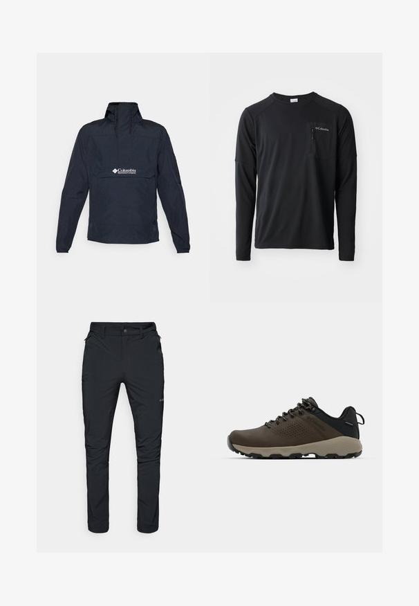 Marineblauwe anorakjas van lichtgewicht materiaal, voorzien van een hoge kraag, een voorzak en een logo op de borst. Inclusief lange mouwen.; Columbia COLUMBIA TECH™ LONG SLEEVE CREW - Longsleeve - black; Zwarte outdoorbroek met rechte pasvorm, voorzien van ritszakken, riemlussen en een lichte, duurzame stofstructuur.; Bruine waterdichte sneakers met een gestructureerde bovenkant, geperforeerde accenten, zwarte hielsteun en een grijze rubberen zool. De veters zijn voorzien van metalen uiteinden.