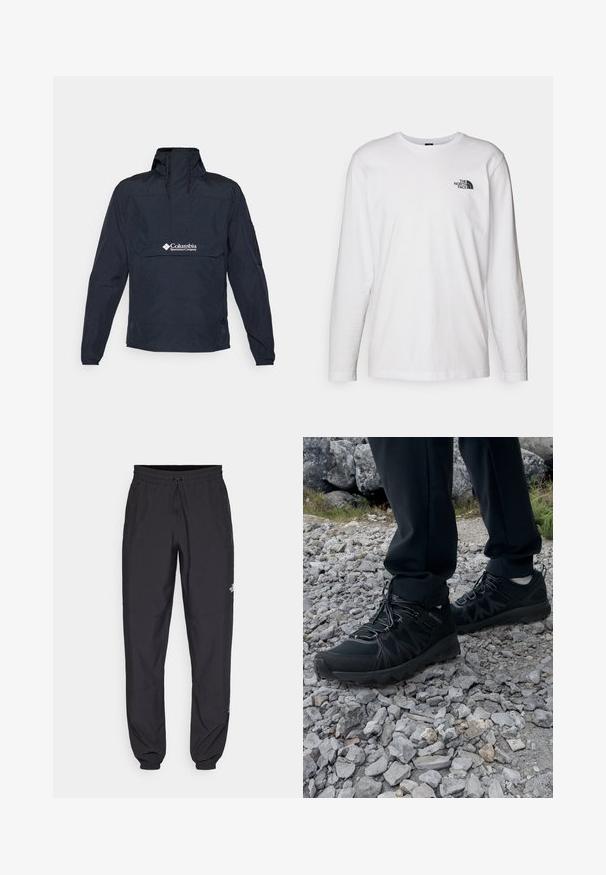 Marineblauwe anorakjas van lichtgewicht materiaal, voorzien van een hoge kraag, een voorzak en een logo op de borst. Inclusief lange mouwen.; Witte lange mouwen T-shirt gemaakt van katoen met een ronde hals. Beschikt over een klein zwart logo op de borst. Soepele textuur, normale pasvorm.; Zwarte sportieve broek gemaakt van lichtgewicht stof, met een trekkoord in de taille, zijzakken en taps toelopende boorden bij de enkels.; Zwarte buitenschoenen van mesh en synthetisch materiaal, met een gestructureerd bovenwerk, een beveiligd vetersysteem en een robuuste zool, op een ruig terrein.
