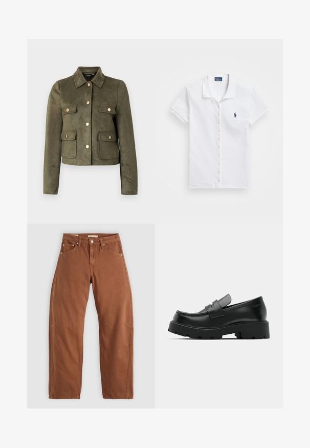 Casaco de camurça verde-azeitona com colarinho, botões frontais e dois bolsos no peito com detalhes em ouro. Design curto com mangas longas.; Camisa polo branca de mangas curtas feita de algodão, com uma pala frontal abotoada e um pequeno logótipo azul no lado esquerdo do peito.; Calças de ganga retas em tom de ferrugem com bolsos frontais e traseiros, rebites metálicos, fecho de botão e passadores de cinto, dispostas em plano sobre um fundo branco.; Sapatos loafers de couro preto com uma sola texturizada grossa, apresentando uma faixa sobre o peito do pé e um acabamento liso e polido.
