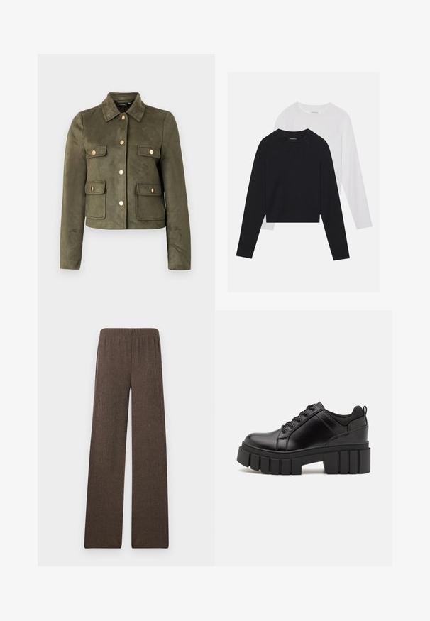 Svetle olivově zelená semišová bunda s límcem, předními knoflíky a dvěma náprsními kapsami se zlatými akcenty. Zkrácený střih s dlouhými rukávy.; Dvě dlouhé rukávy: jedno černé a jedno bílé. Obě mají kulatý výstřih, raglánové rukávy a měkkou bavlněnou směs.; Kalhoty s širokým střihem vyrobené z texturované hnědé látky s elastickým pasem, s rovně střiženým designem a hladkým povrchem.; Černé kožené platformové boty s masivním blokovým podpatkem, kulatou špičkou a tradičním šněrováním. Mají hladký povrch a minimální detaily.
