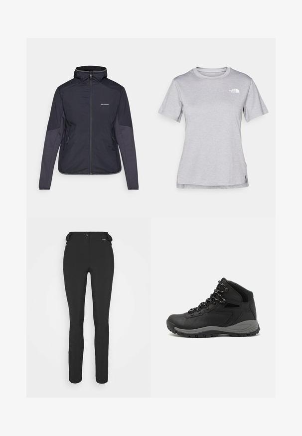 Jachetă izolată de un albastru închis, cu guler înalt, închidere cu fermoar și două buzunare laterale. Mânicile au panouri texturate contrastante. Material impermeabil.; Tricou scurt cu mânecă gri, fabricat dintr-un material moale, care absoarbe umezeala. Are un guler rotund și un mic logo alb în partea stângă sus.; Pantaloni negri, ajustați, confecționați dintr-un material flexibil. Caracteristici includ un buzunar cu fermoar pe lateral, genunchi articulați și o textură netedă.; Botă de drumeție neagră cu un design mediu, având un material texturat, accente gri și o talpă din cauciuc durabilă cu crampoane pentru aderență.