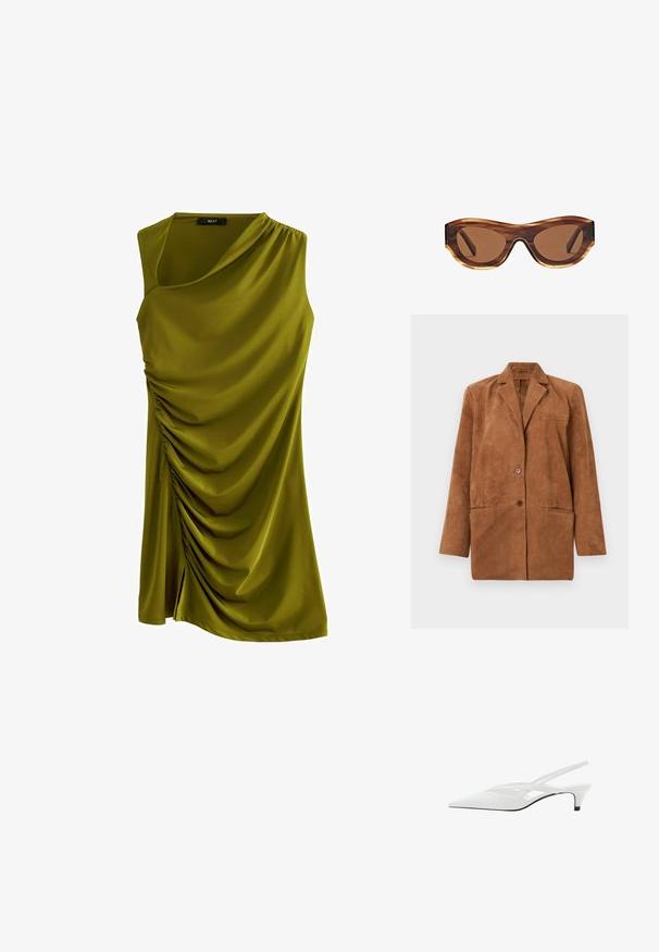 Bruine suède blazer met notched lapels, twee frontknopen, borstzak met welt en twee onderste klepzakken, gepresenteerd tegen een witte achtergrond.; Olijfgroene mouwloze jurk met een gedrapeerd ontwerp, voorzien van rimpelingen aan de zijkant en een subtiele split aan de zoom voor extra detail.; Witte slingback hak met spitse neus, voorzien van een gladde bovenkant, subtiele uitsparingen en een lage blokhak. Zwarte zool accentueert het ontwerp.; Zonnebril met een schildpadstructuur montuur, bruin gradient lenzen en een slanke cat-eye vorm. Gemaakt van lichtgewicht plastic met een glanzende afwerking.; Beige leren handtas met een unieke vorm, voorzien van twee korte handvatten en een lange verstelbare schouderriem. Glad oppervlak met minimale hardware.