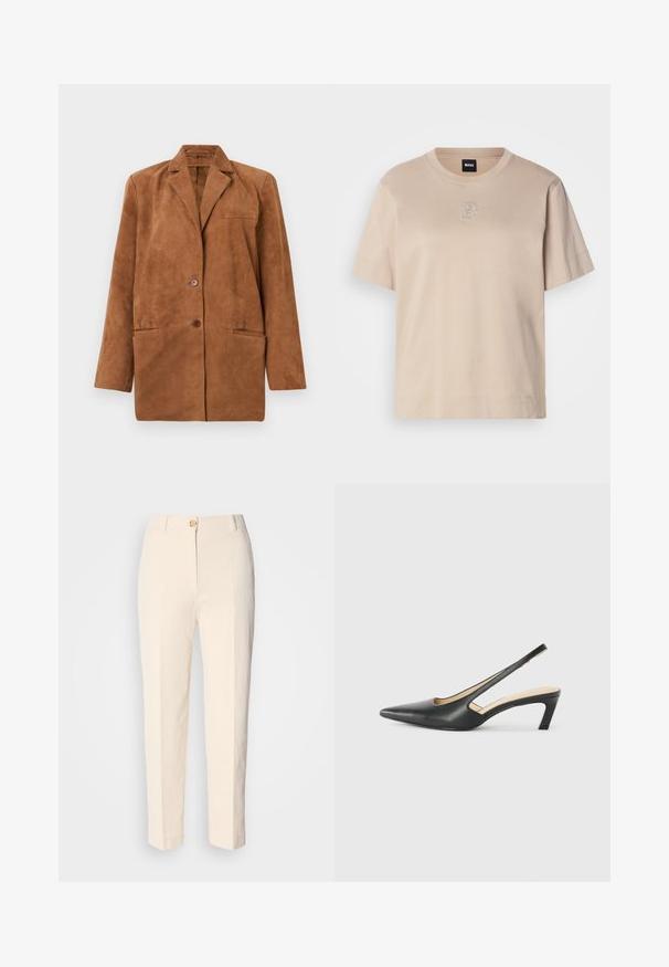 Blazer in suede marrone con rever a punta, due bottoni frontali, tasca sul petto a welt e due tasche inferiori a pattina, esposto su sfondo bianco.; T-shirt in cotone beige a maniche corte con collo rotondo e un piccolo logo "B" ricamato sovrapposto al centro davanti.; Pantaloni color crema a vita alta realizzati in un tessuto testurizzato. Presentano una chiusura frontale con bottone e gambe affusolate.; Scarpa slingback nera con punta affilata e tacco basso, realizzata in pelle liscia e con un design a taglio laterale per favorire la traspirabilità.