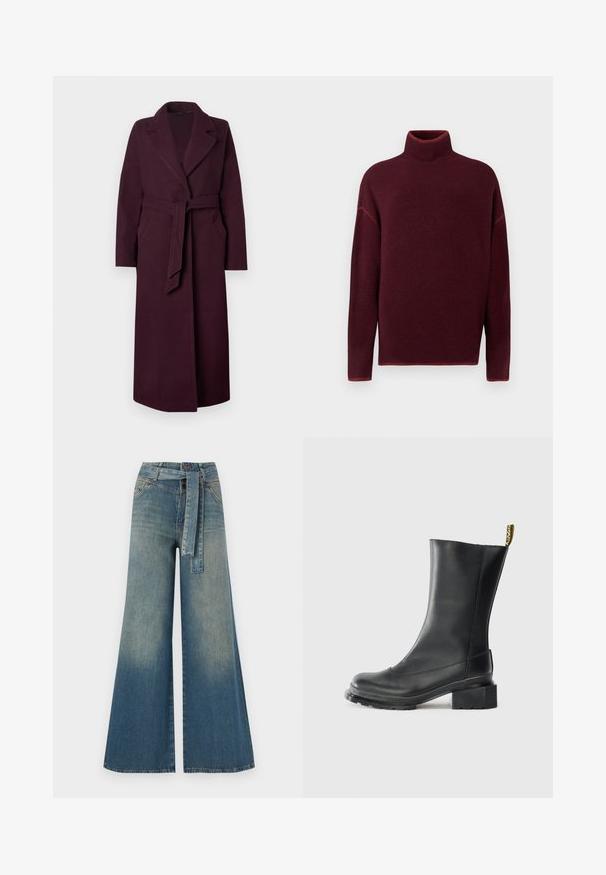 Garšs tumši violetas krāsas vilnas mētelis ar plašajiem atloka galiem, sānu kabatām un atbilstoša auduma jostu, kas sasieta viduklī uz vienkārša fona.; Burgundijas krēgu džemperis ar ribotu apkakli un aprocēm, izgatavots no mīkstas tekstūras, ar nokritušām plecu šuvēm un brīvu piegriezumu.; Platām kājām džinsu bikses ar gaismas līdz tumši zilam gradientam, augstu jostas līniju, jostas cilpām un atbilstošu auduma jostu. Tekstūrēts džinsas apdare.; Melna ādas potīšu kurpe ar blokveida papēdi, gluda tekstūra, noapaļota pirksta daļa un papēža cilpa ar dzeltenu zīmolu.