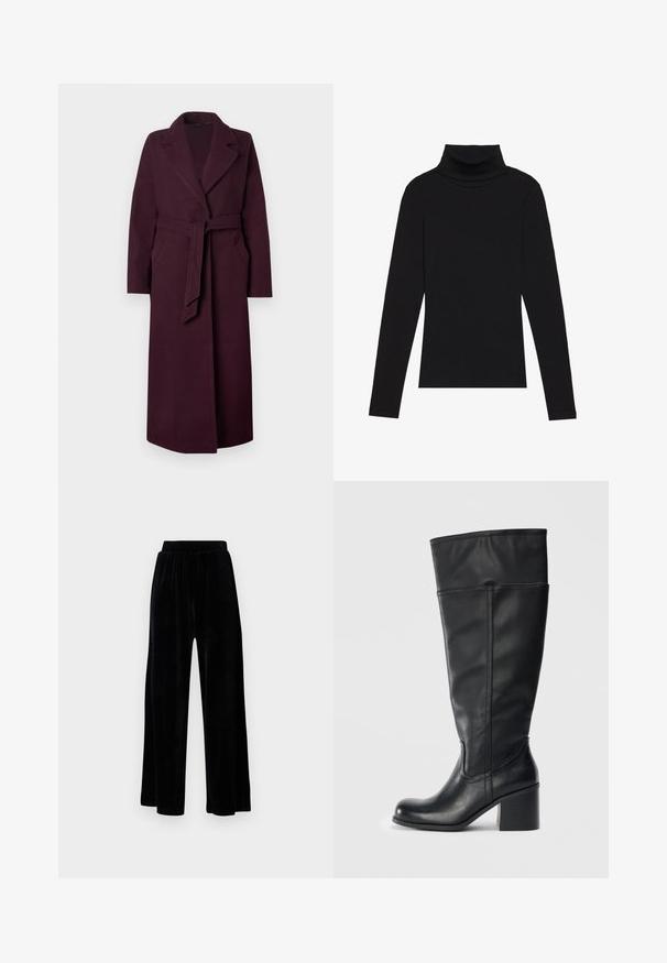 Dlouhý tmavě fialový vlněný kabát s širokými klopami, bočními kapsami a odpovídajícím textilním páskem svázaným v pase na jednobarevném pozadí.; Černý rolák s dlouhým rukávem, vyrobený z žebrované látky, má upnutý střih s vysokým výstřihem a žádné vzory ani akcenty.; Černé kalhoty širokého střihu vyrobené z měkkého sametu, s elastickým pasem a hladkým povrchem, bez viditelných detailů nebo vzorů.; Kozačky černé barvy z hladké kůže, do výšky kolen, s blokovým podpatkem a prošitím podél stran. Jednoduchý a moderní design.