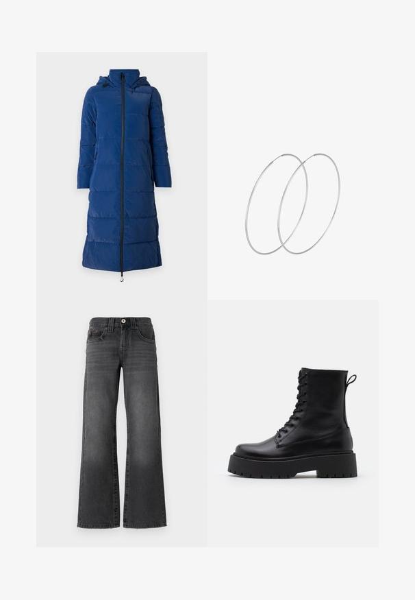 Tumesinine puffjakkk, millel on kapuuts, pikk disain, horisontaalselt tikitud tekstuur, ees luku sulgemine ja küljetaskud lukudega.; Türkiis pulloveri kapuutsiga, pika varrukaga ja soonikkoes. Valmistatud pehmest kangast ja laiemast lõikest.; Laial jalgevahega teksad tumedast hallist denimist. Omavad viit taskut, nööbi sulgemist ja kangal peent kulumist. Klassikaline õmbluste aktsent.; Mustad mustad nahast pahkluu saapad ümarate varvastega, nööridega esiosas ja paksu kummist talla ning tekstuuritud mustriga. Tagumine tõmbeaas.; Hõbedased rõngastikkaehingad minimalistlikus disainis. Ümar kuju, sile tekstuur ja õhuke profiil. Kerged ning poleeritud viimistlusega.