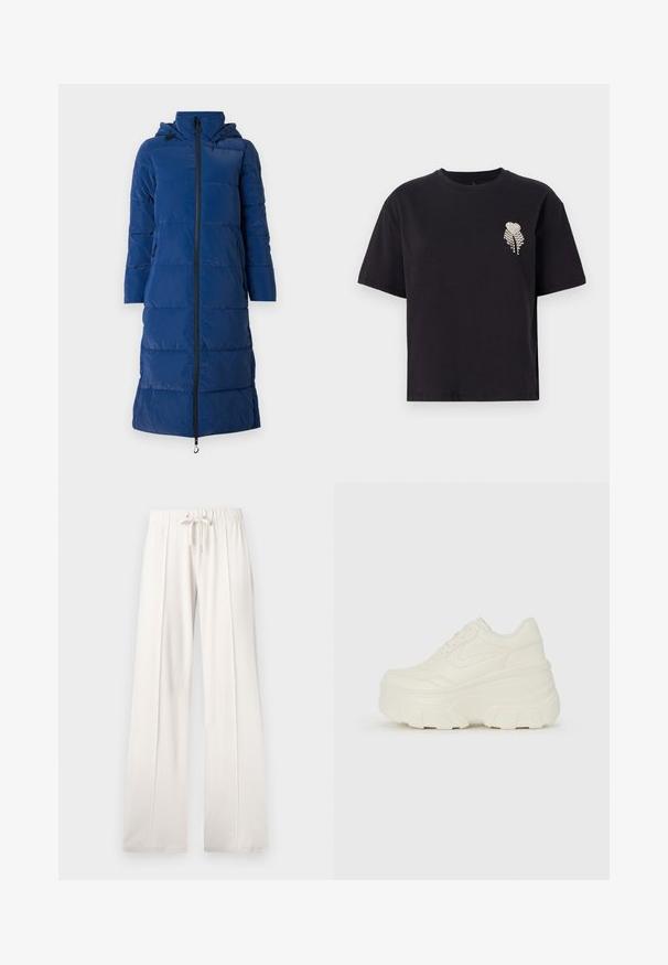 Tamsiai mėlynas pūkų kailis su kapišonu, ilgas dizainas, horizontalus siuvinėjimo raštas, priekinis užtrauktukas ir šoniniai kišeniai su užtrauktukais.; Juodas medvilnės marškinėliai su apvaliomis iškirptėmis ir trumpomis rankovėmis, puošti mažai širdies forma, dekoruota akmenukais, kairiajame krūtinės šone.; Šviesiai smėlio spalvos sportinės kelnės, pagamintos iš minkštos medžiagos, su raišteliu juosmenyje, plačiomis ilgomis kojomis ir vertikaliomis siūlėmis, turinčios lygų paviršių.; Baltos platformos sportbačiai su lygiu odos primenančiu paviršiumi, apvalia forma, paminkštintu apykakle ir tekstūruotu guminiu padu su ryškiais protektoriais.