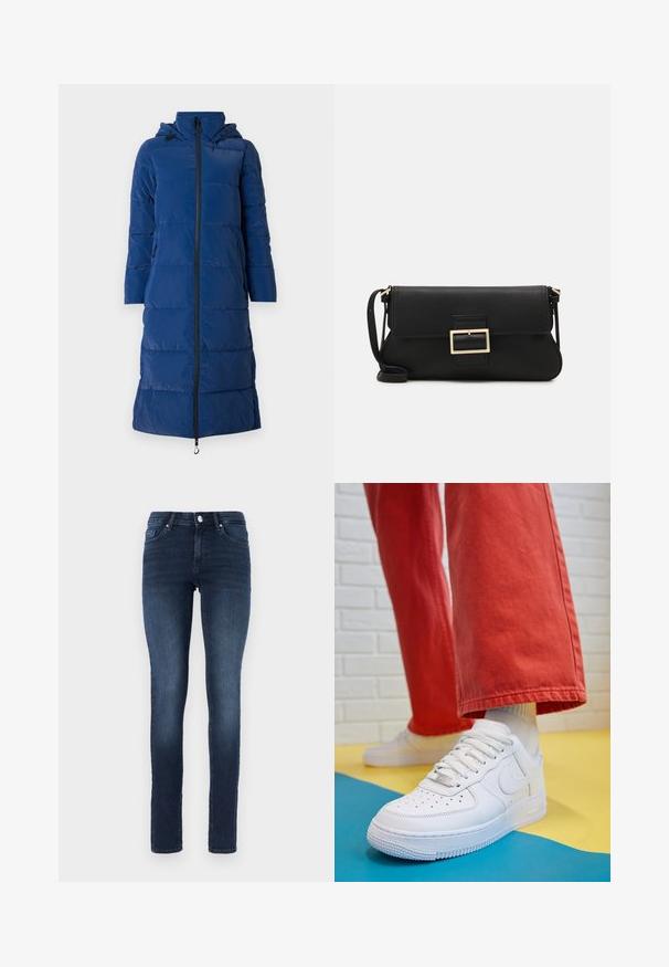 Temno modra pufasta jakna s kapuco, dolga zasnova, horizontalna prešita tekstura, sprednji zip zapirnik in stranska žepa z zadrgo.; Bela brezrokavna majica iz rebraste tkanine, z zaobljenim izrezom in prilegajočim silhueto, z minimalnimi šivi in brez okraskov.; Temno modri skinny jeans iz denima, ki imajo klasičen pet-pocket dizajn, gumbasto zapiranje in subtilno zbledelost na stegnih.; Beli usnjeni športni čevlji s perforiranim prstnim delom, teksturiranim podplatom in belimi vezalkami, v kombinaciji s širokimi rdečimi hlačami in modro-rumeno ozadje.; Črna usnjena torbica na preklop z zlato kovinsko zaponko. Vključuje črn trak in eleganten, minimalističen dizajn.