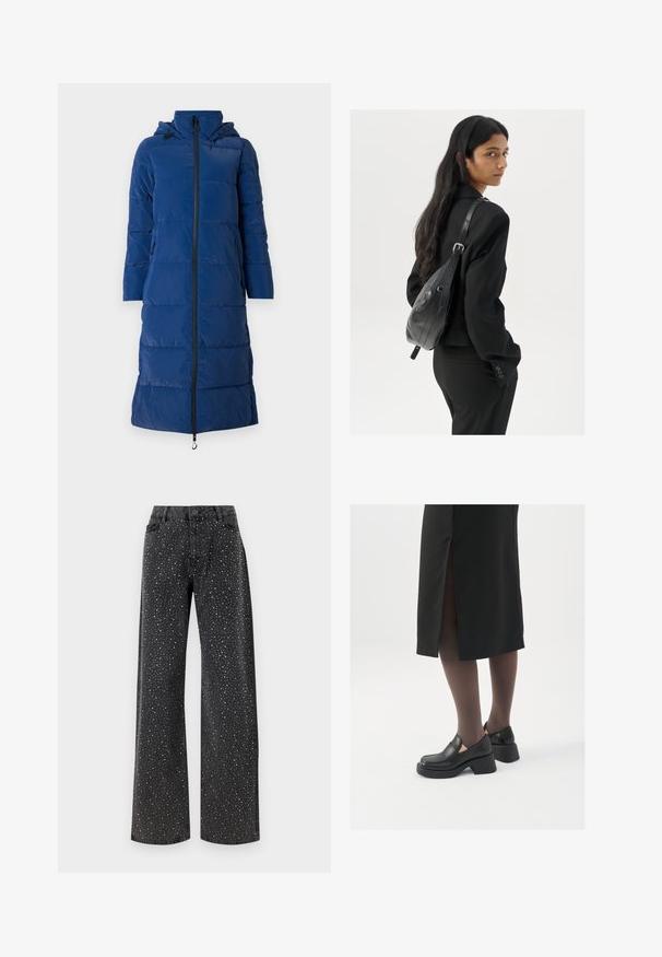 Θαλάσσιο μπλε μπουφάν με κουκούλα, μακρύ σχέδιο, οριζόντια ραφή, μπροστινή κλείσιμο με φερμουάρ και πλαϊνές τσέπες με φερμουάρ.; Λευκό μανίκι τοπ χωρίς μανίκια φτιαγμένο από ριμπ ύφασμα, με στρογγυλή λαιμόκοψη και εφαρμοστή σιλουέτα, με ελάχιστες ραφές και χωρίς διακοσμήσεις.; Noisy May NMJANNEL LOOSE - Τζιν χαλαρής εφαρμογής - black denim; Μαύρα δερμάτινα παπούτσια με στρογγυλή μύτη, χοντρό τετράγωνο τακούνι και ελαστικές πλάγιες λεπτομέρειες, συνδυασμένα με σκούρες καλσόν και μια μαύρη φούστα με σχίσιμο.; Γυναίκα με μακριά μαύρα μαλλιά, ντυμένη με μαύρο κοστούμι, κρατώντας μια μαύρη δερμάτινη τσάντα ώμου, κοιτάζοντας πίσω στον φακό, σε λευκό φόντο.