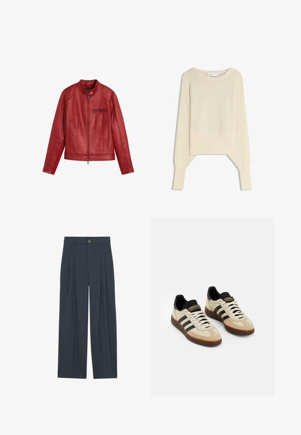 Rød læderjakke med rund krave, frontzip lukning og lynlås lomme. Har vertikale sømme og en glat tekstur.; Lys beige cropped sweater lavet af et blødt strikket stof, har en bred halsudskæring, faldende skuldre og ribbede manchetter og kant.; Vide bukser lavet af tekstureret mørkegråt stof, med foran pliserede detaljer, en knaplukning og sidelommer for ekstra funktionalitet.; Beige ruskinds atletik sko med sorte læderdetaljer, hvide snørebånd og brun gummisål. Tre sorte striber på hver side.