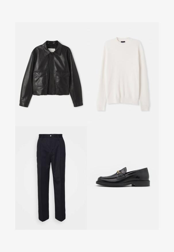 Crna kožna jakna s ovratnikom, zatvorenjem na patentni zatvarač i dva prednja džepa s krpom. Ima skraćeni dizajn i glatku teksturu.; Bijela rebrasta pletiva s okruglim izrezom i dugim rukavima. Uključuje mali izvezeni logo na prsima. Mekana tekstura, prilagođen dizajn.; Crne krojene hlače ravnog kroja, izrađene od glatkog materijala, sa prednjim zatvaranjem na dugme i dva bočna džepa.; Crni kožni loafers s zaobljenim vrhom, s zlatnim detaljem i šavovima, smješteni na niskoj, teksturiranoj gumene potplati.