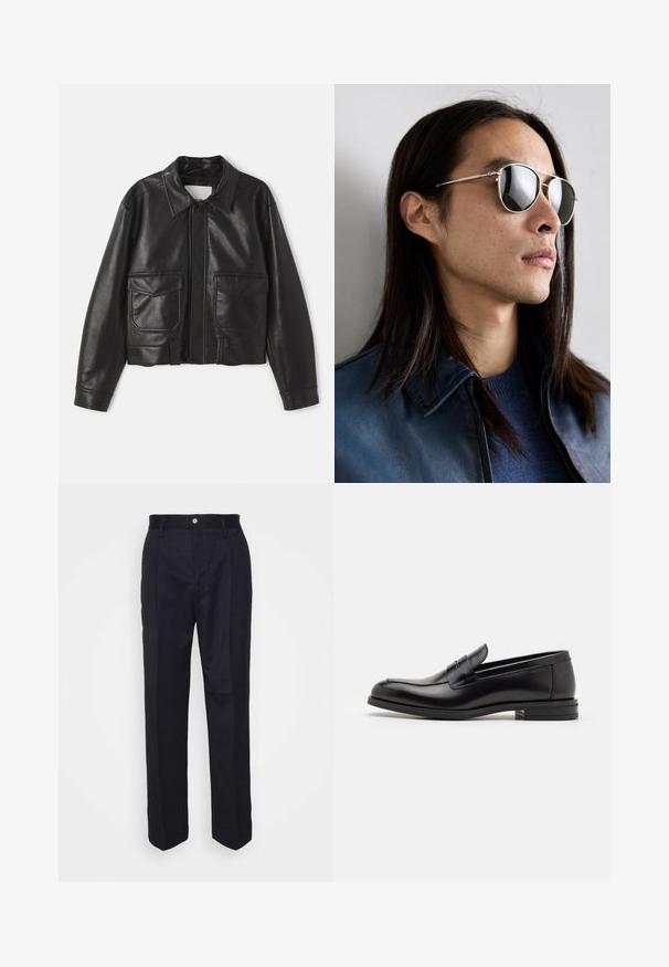 Črna usnjena jakna s ovratnikom, zadrgo in dvema sprednjima žepoma. Ima skrajšan dizajn in gladko teksturo.; Bela rebrasta pletena jopica s okroglim izrezom in dolgimi rokavi. Ima majhen izvezen logotip na prsih. Mehka tekstura, prilega se telesu.; Črne krojene hlače s ravnim krojem, narejene iz gladkega materiala, z zapenjanjem na gumb spredaj in dvema stranskima žepoma.; Črne usnjene loafer čevlje z gladko teksturo, zaobljenim nosom in dekorativnim trakom čez zgornji del. Nizka zložena peta, minimalističen dizajn.; Kovinske sončne očala z odsevno lečo, ki imajo obliko avijatorja, srebrno številčnico in podrobnosti na vsaki strani. Oblečena so s svetlo modrim puloverjem in jakno.