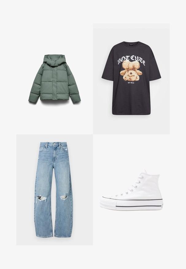 Grønn dunjakke med bred hette, med en firkantet form, quiltet tekstur og glidelås foran. Ingen synlige beslag eller mønstre.; Svart oversized t-skjorte med en grafikk av en bjørn og teksten "IKKE SØT, MEN VILL" i fet, hvit skrift. Laget av bomull.; Lyseblå høytlivsjeans laget av denim. Har vide bein, to revne knær og klassisk fem-lommers design.; Hvit høy-skinn kanvas sneakers med svart gummisåle, gummitåhette foran og seks hull for snorer, med et rent, minimalistisk design.
