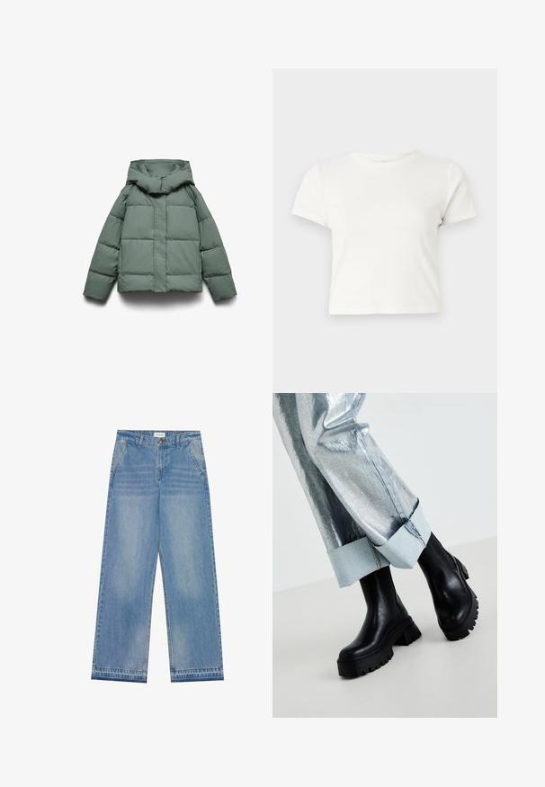 Zelena puhovka z široko kapuco, o kvadratni obliki, z nabranim vzorcem in sprednjo zadrgo. Brez vidne strojne opreme ali vzorcev.; Kratka bela majica iz bombaža s kratkimi rokavi, okroglim ovratnikom in ravnim robom, ki ima gladko teksturo in minimalističen dizajn.; Svijetloplave traperice visokog struka širokih nogavica s kopčanjem na dugme, prednjim džepovima, petljama za remen i suptilnim oštećenjima.; Črne robustne gležnjarje z teksturiranimi podplati, oblečene z srebrnimi metalik hlačami, ki imajo svetel denim zavihki. Minimalistična zasnova, elegantni materiali.