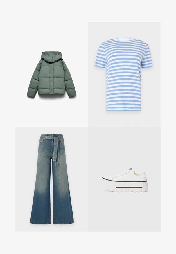 Roheline paks jope laiade kapuutsiga, kastikujuline, tikitud tekstuuriga ja ees torgiga sulgemisega. Ilma nähtavate detailide või mustriteta.; Triibuline T-särk, millel on helesinised ja valged horisontaalsed triibud, ümar kaelus, lühikesed varrukad ja pehme puuvillane materjal.; Laiad denimpüksid, millel on hele tume sinine gradiendiefekt, kõrge vöökoht, vöökumlid ja sobivast kangast vöö. Struktureeritud denimi viimistlus.; Valge kangast platvormi tossud musta kummitaldaga, ümmarguse varbaga ja metallist silmadega, mis omavad lihtsat ja puhta disaini.