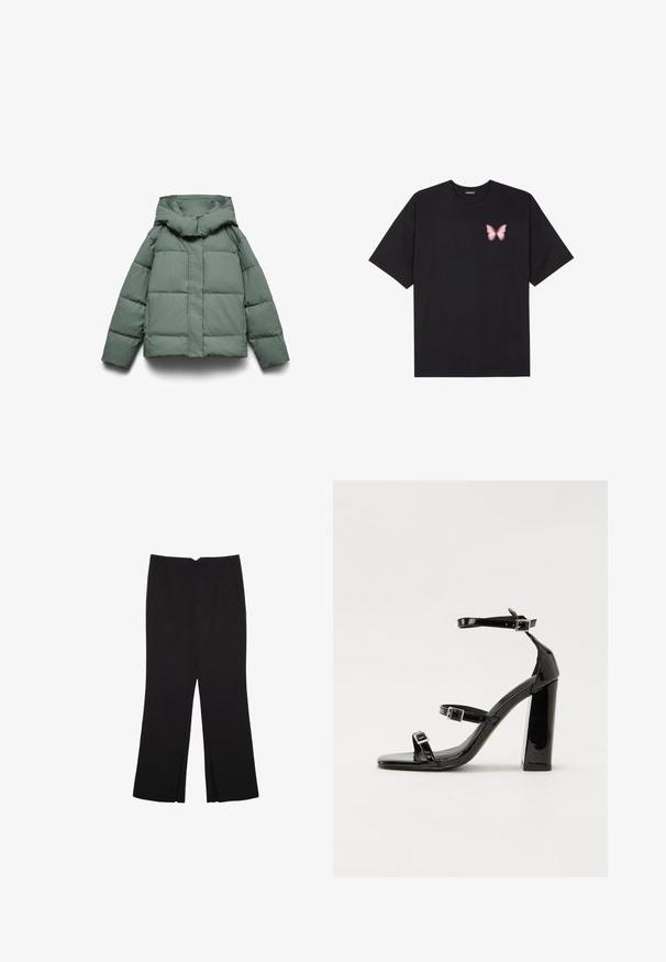 Zielona pikowana kurtka puchowa z szerokim kapturem, o kwadratowym kroju, pikowanej fakturze i zapięciu na zamek z przodu. Brak widocznych elementów metalowych lub wzorów.; Czarny bawełniany t-shirt z krótkim rękawem, z małym różowym motylkiem na lewej piersi. Klasyczny dekolt z luźnym fasonem.; Czarne spodnie o prostym kroju, z przednimi kieszeniami i bocznymi rozcięciami na dole. Wykonane z miękkiego, gładkiego materiału. Odpowiednie na różne okazje.; Czarne lakierowane sandały na obcasie z kwadratowym noskiem, z paskami wokół kostki i srebrnymi klamrami. Posiadają masywny słupek dla stabilności.