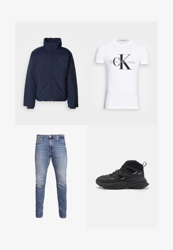 Jūras flotes siltumnieka jaka ar augstu apkakli un pilnu priekšējo rāvējslēdzēju. Iekļautas rāvējslēdzēja sānu kabatas un ribotas aproces papildu siltumam.; Baltas kokvilnas T-krekls ar melnu "CK" logo un tekstu "Calvin Klein Jeans", īsām piedurknēm un klasisku apaļu kakla izgriezumu.; Zili zili džinsi ar piecām kabatām, izbalējušā krāsā, ar pogu aizdari un jostu cilpiņām, izstādīti pret baltu fona.; Melnas pārgājienu kurpes ar slāņotu dizainu, teksturētu audumu un gumijas zoli, ar nostiprinātām vietām un auklām priekšā.
