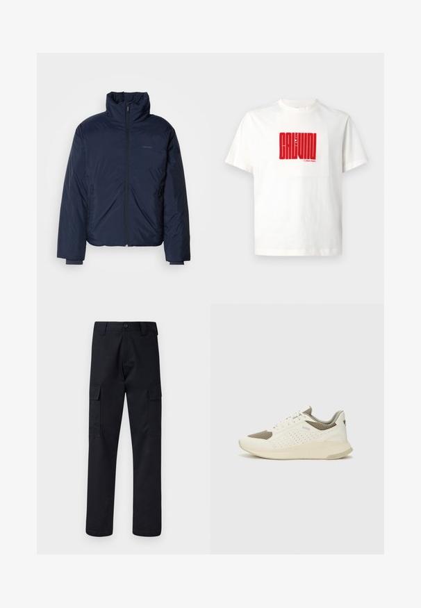 Námornícky prešívaný puff jacket s vysokým golierom a plným predným zipsom. Obsahuje zipsové bočné vrecká a rebrované manžety pre extra teplo.; Biely bavlnený tričko s veľkým červeným grafickým potlačou "CALVIN KLEIN" na prednej strane, s okrúhlym výstrihom a krátkymi rukávmi.; Čierne cargo nohavice vyrobené z odolnej tkaniny, s rovnými nohavicami, dvoma bočnými vreckami a zapínaním na gombík v páse.; Biele a svetlo béžové športové tenisky s hornou časťou z mriežkového materiálu, perforovanými detailmi a textúrovanou medzipodrážkou s logom na päte.