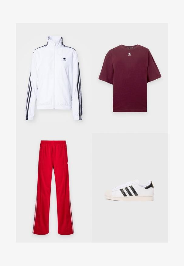 adidas Originals Training jacket - white; Burgundy cotton t-shirt with a round neck and short sleeves, featuring a white Adidas logo centered on the chest. Smooth texture.; Red athletic pants with a loose fit, elastic waistband, two side pockets, and white side stripes. Made from smooth, synthetic material.; White sneaker with black textured stripes and accents; features a rubber toe cap, flat laces, and cushioning around the ankle.