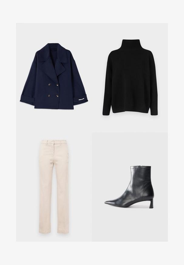 Mornarsko modra dvoredna bunda z režnim ovratnikom, zlatimi gumbi, širokimi rokavi in podrobnostmi na manšetah v beli barvi. Narejena iz gladkega materiala.; Črni pleteni pulover z visokim rebrastim ovratnikom, spuščenimi rameni in sproščenim krojem. Ima rebraste manšete in spodnji rob za dodatno teksturo.; Bež bombažne hlače s prilegajočim krojem, ravnimi nogami, sprednjim zadrgo in gladko teksturo. Imajo tradicionalne zanke za pas.; Črne usnjene gležnjarje s šiljastim nosom in elegantnim dizajnom. Imajo nizko peto in zadrgo na zadnji strani. Gladka tekstura.