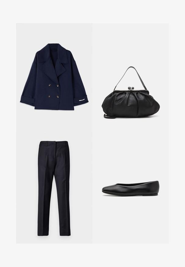 Navy blue double-breasted coat with a notched collar, gold buttons, wide sleeves, and cuff detailing in white. Made from a smooth fabric.; Black long-sleeve turtleneck top made of smooth fabric, featuring a ruffled neck and fitted silhouette with simple edges.; Navy tailored trousers with a smooth texture, featuring a flat front, dual pleats, and belt loops. Straight-leg cut, finished hem.; Paul Smith TOPANGA - Ballet pumps - black; Black leather handbag with a rounded, pleated design. Features a metallic clasp with two decorative balls and a slim, detachable strap.