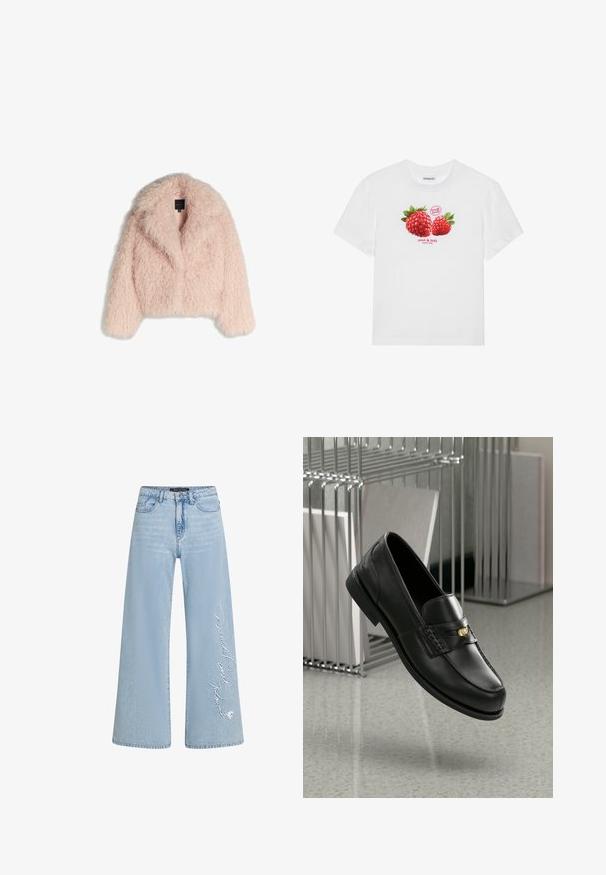 Egy puha rózsaszín műszőrme kabát, bolyhossága miatt lágy tapintású, rövidített fazonú, széles gallérral és nyitott elülső résszel. Hosszú ujjakkal rendelkezik, záródás nélkül.; Fehér pamut póló, amelyen két piros málna zöld levelekkel látható, alatta a "friss gyümölcs" és a "édes & ízletes" felirat.; Világoskék, bőszárú farmernadrág, bal lábszáron „Donald és Daisy” hímzett felirattal. Klasszikus öt zsebes dizájn és övhurkok jellemzik.; Fekete bőr loaferek sima felülettel, dekoratív sávval és kis arany kiegészítővel. Az talp lapos, kerek orrú.