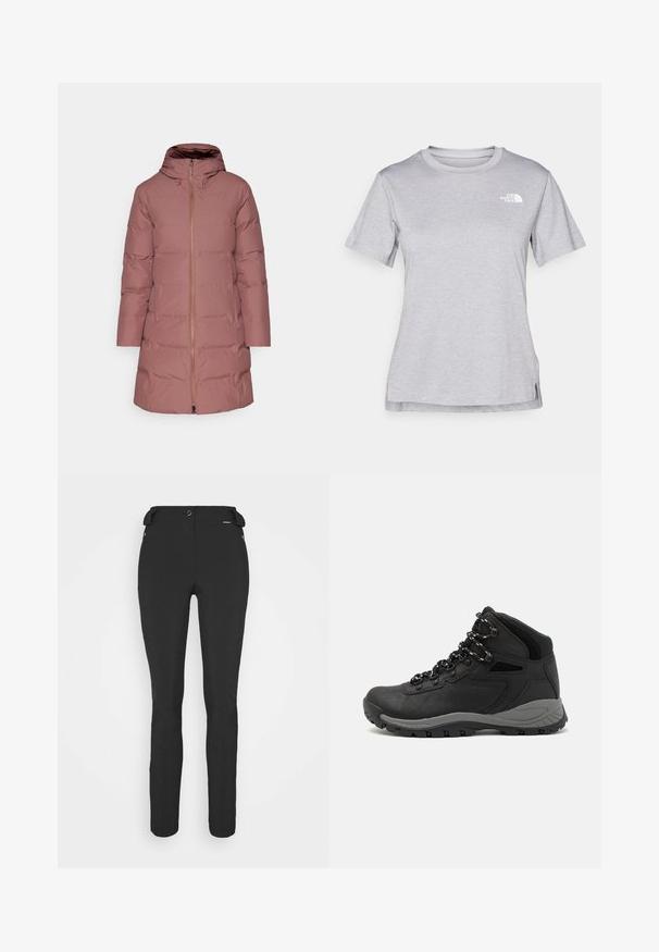 Patagonia JACKSON GLACIER PARKA - Kaput ispunjen paperjem - dulse mauve; Siva kratka majica s kratkim rukavima izrađena od mekog, tkanog materijala koji upija vlagu. Ima okruglu izrez i mali bijeli logo na gornjem lijevom dijelu.; Crne, uske hlače izrađene od fleksibilnog materijala. Karakteristike uključuju bočni džep sa zipom, artikulirana koljena i glatku teksturu.; Crne planinarske čizme s dizajnom srednjeg vrha, sa teksturiranim gornjim dijelom, sivim akcentima i izdržljivom gumom potplatom s uzorkom za prianjanje.