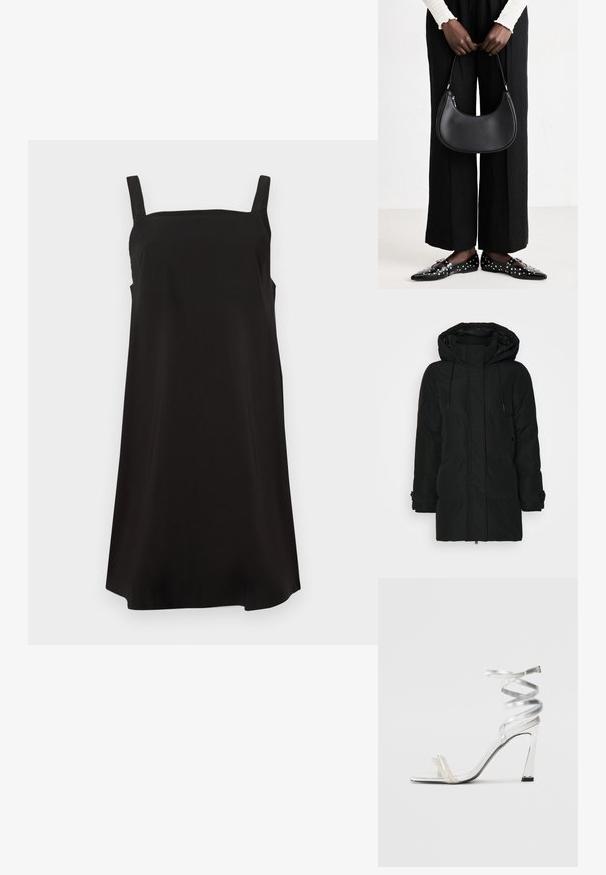 Zwarte pufferjack met capuchon, met een rits aan de voorkant, trekkoord en elastische manchetten. Stof met een gladde afwerking en een gewatteerde textuur zonder zichtbare patronen.; Zwarte mouwloze jurk met een vierkant decolleté, gemaakt van gladde stof, met een losse pasvorm en rechte snit. Geen zichtbare patronen of hardware.; Zilveren sandaal met hoge hakken en een glanzend bandontwerp, met een parelachtige accent en een gewikkelde enkelband voor een veilige pasvorm.; Zwarte lederen schoudertas met een ronde vorm, glanzende afwerking en zilverkleurige hardware. Persoon in zwarte wijde broek en gestifte loafers.
