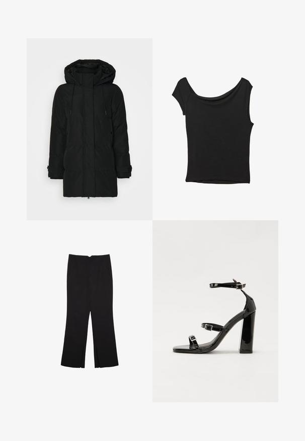 Crna puf jakna s kapuljačom, koja ima prednji zip, vezicu i elastične manžete. Glatka tkanina s kviltanom teksturom i bez vidljivih uzoraka.; Crna majica kratkih rukava od glatkog materijala; ima drapirani izrez i asimetrični donji rub, uz prilagođeni kroj tijela.; Crne hlače ravnog kroja, s prednjim džepovima i bočnim prorezima na rubu. Izrađene od mekog i glatkog materijala. Pogodne za razne prigode.; Crne lakirane sandale na pete sa kvadratnim nosom, trakama oko gležnja i srebrnim kopčama. Imaju čvrst blok petu za stabilnost.