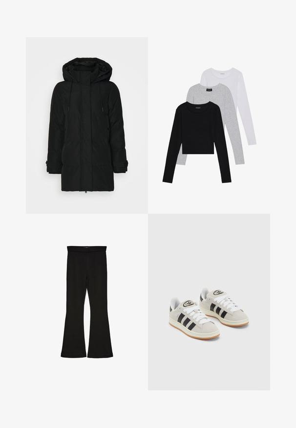 Black puffer jacket with a hood, featuring a front zipper, drawstring, and elastic cuffs. Smooth fabric with a quilted texture and no visible patterns.; Three long-sleeve tops stacked: black, grey, and white. Each has a round neckline and a cropped design with smooth, lightweight fabric.; Black flare leggings made from stretchy fabric. Features a wide waistband and a smooth texture, with a fitted silhouette that flares at the hem.; Gray suede sneakers with white laces, black stripes, and a white rubber sole. Features a circular logo on the tongue and a gum sole.