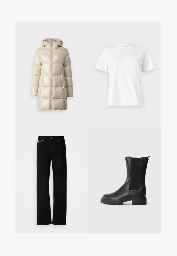 Puffer coat in beige, featuring a quilted design, zip front, and a hood. The material is glossy and smooth, with side pockets and a logo accent.; White cotton t-shirt with short sleeves, round neckline, and a relaxed fit. Smooth texture, no patterns or accents, minimalistic design.; Black denim straight-leg pants with five pockets, silver rivets, and a button fly. The fabric has a smooth, slightly textured finish.; Black leather ankle boot with elastic side panels, rounded toe, and chunky rubber sole. Features a subtle logo embossed on the side.