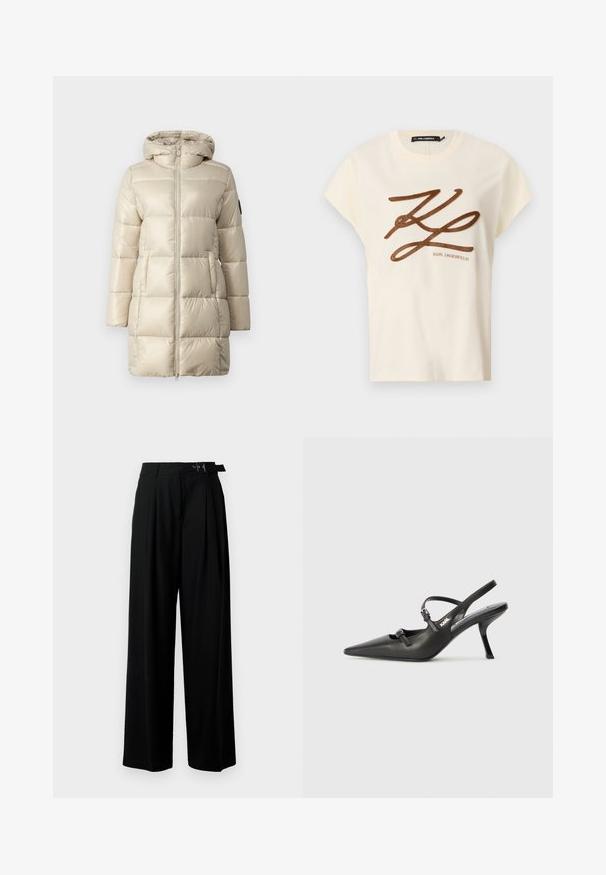 Puhasta jakna v bež barvi, z kvadratnim oblikovanjem, z zadrgo spredaj in kapuco. Material je sijoč in gladek, z stranskimi žepi in poudarkom na logotipu.; Kremna bombažna majica s kratkimi rokavi, z rjavim izvezenim logotipom in besedilom na sprednji strani.; Črne široke hlače z visokim pasom, gubami spredaj in pasom z zaponko. Narejene so iz gladkega, lahkega materiala.; Črne usnjene sandale na peto s koničastim nosom, vitko peto in okrasno zaponko na sprednjem delu. Gladka tekstura in eleganten dizajn.