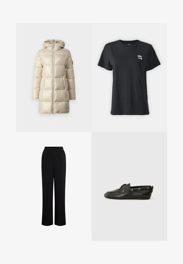 Puhasta jakna v bež barvi, z kvadratnim oblikovanjem, z zadrgo spredaj in kapuco. Material je sijoč in gladek, z stranskimi žepi in poudarkom na logotipu.; Črna bombažna majica s kratkimi rokavi in okroglim izrezom. Ima majhno belo grafiko na prsih. Gladka tekstura, sproščen kroj.; Črne široke hlače z gladko teksturo. Imajo raven sprednji del, dva vertikalna guba in skrit pas.; Črne usnjene čolnarske čevlje z zaobljenim prstom, zavezovanjem spredaj, kovinskimi očesci in ravnim podplatom. Imajo majhen trak na zadnji strani.