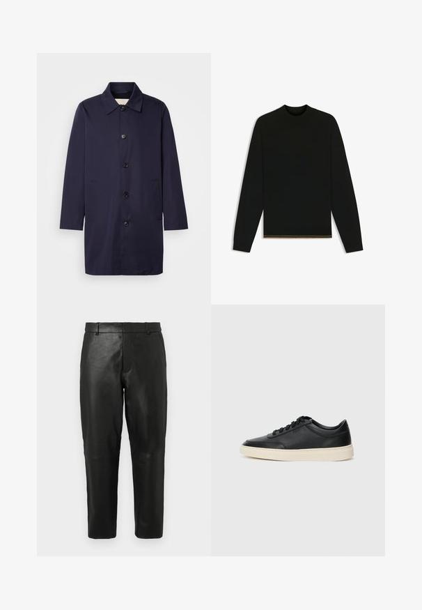 Navy blue coat in a smooth fabric with a collar, front buttons, and side pockets. Features a straight cut and long sleeves.; Black knit sweater with long sleeves and a high neck. Features a gold accent at the hem. Smooth texture and fitted design.; Black leather straight-leg trousers with belt loops and side pockets, displayed against a plain light background.; Black low-top leather sneaker with black laces and off-white sole shown in side profile on white background.