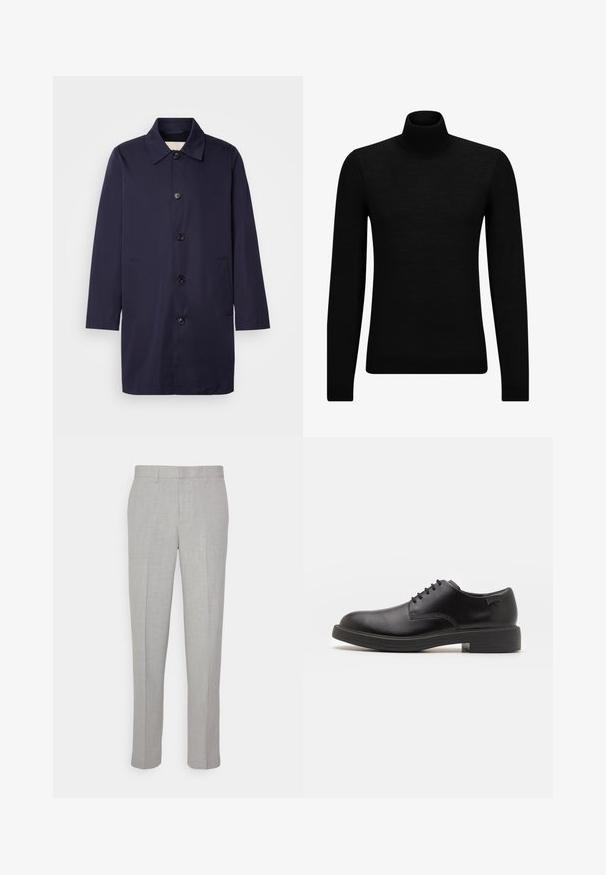 Ναυτικό μπλε παλτό από λεία ύφανση με γιακά, μπροστινά κουμπιά και πλαϊνές τσέπες. Διαθέτει ίσια γραμμή και μακριά μανίκια.; Μαύρο πουλόβερ σταυρωτό λαιμό, φτιαγμένο από μαλακό υλικό, με μακριά μανίκια και εφαρμοστή γραμμή. Ριγωτή λεπτομέρεια στο τελείωμα και στους καρπούς. Απλός σχεδιασμός.; Ανοιχτό γκρι παντελόνια με λεία υφή, επίπεδο μπροστινό μέρος και ίσιες γραμμές. Κατασκευασμένα από αναπνεύσιμο ύφασμα, διαθέτουν εσωτερικές τσέπες και θηλιές για ζώνη.; Μαύρο δερμάτινο παπούτσι με κορδόνια, με στρογγυλή μύτη, λεία υφή, ελάχιστη ραφή και χαμηλή καουτσούκ σόλα. Λογότυπο στη σόλα.