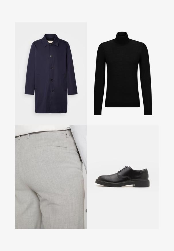 Palton bleu marin dintr-un material neted, cu guler, nasturi în față și buzunare laterale. Prezintă o croială dreaptă și mâneci lungi.; Pulover negru cu guler înalt, realizat dintr-un material moale, cu mâneci lungi și o croială ajustată. Tiv și mansete cu margine ondulată. Design simplu.; Pantaloni gri deschis croiți, dintr-un material texturat, cu un singur buzunar pe spate și cusături curate.; Pantofii din piele neagră, cu șireturi, au vârful rotunjit, o textură netedă, cusături minime și un toc de cauciuc scăzut. Logo pe toc.