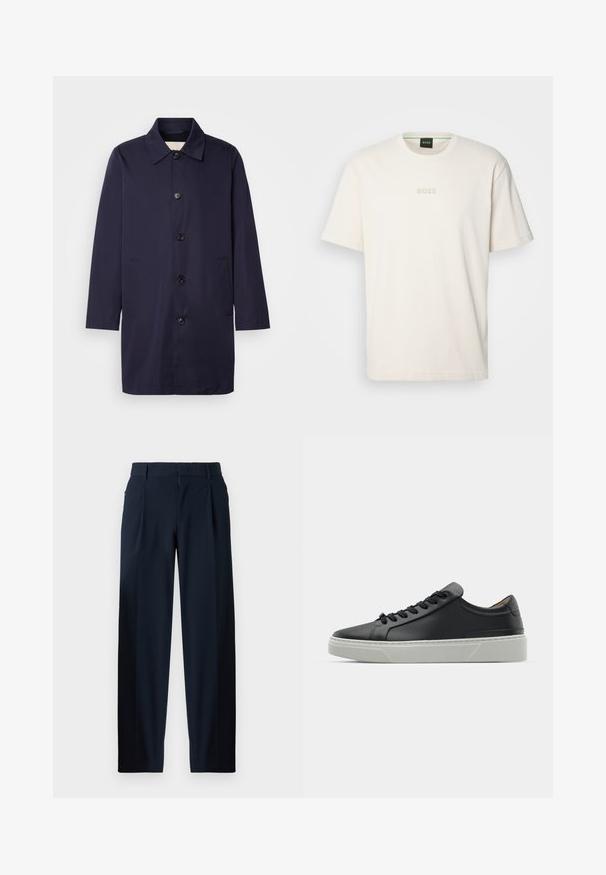 Mornarski modra jakna iz gladkega materiala s ovratnikom, sprednjimi gumbi in stranskimi žepi. Ima ravno krojenje in dolge rokave.; BOSS TEE - Navadna majica - open white; Temno modri hlače z gladko teksturo, širokim krojem, sprednjimi pregibi, zankami za pas in z zip zapiranjem. Primerne za formalno ali priložnostno nošenje.; Črne usnjene teniske z gladko teksturo, okroglo konico in črnimi vezalkami. Imajo debel bel gumijast podplat s subtilnimi geometrijskimi poudarki.