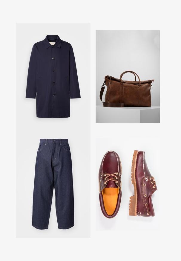 Mornarski modra jakna iz gladkega materiala s ovratnikom, sprednjimi gumbi in stranskimi žepi. Ima ravno krojenje in dolge rokave.; Bela majica s kratkimi rokavi iz bombaža, z okroglo ovratnikom in sproščenim krojem ter ravnim robom. Brez vzorcev ali okrasnih elementov.; Temno modri denim kavbojki z ohlapnim in širokim krojem. Značilnosti vključujejo gumbasto zapiranje, sprednja žepa in vidne šive.; Burgundske usnjene čevlje z rjavimi gumijastimi podplati, okrogla kapica, beli šivi in zlate luknje za vezalke. Notranjost je obložena s rumeno podlogo.; Brahna usnjena potovalna torba z zadrgo, dvojno ročajema, nastavljivim naramnim trakom in vidnimi teksturami na površini.