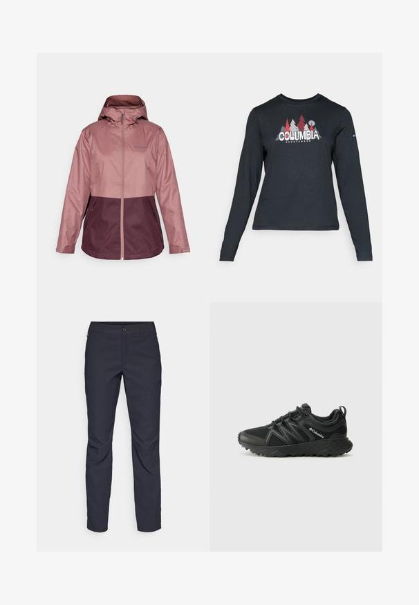Wasserabweisende Jacke in Hellpink und Dunkellila. Mit Kapuze, durchgehendem Reißverschluss und zwei Seitentaschen. Glattes, leichtes Material.; Dunkelgraues Langarmshirt mit einem Grafikdesign von roten Bäumen und Bergen; das "COLUMBIA"-Logo in fett weißer Schrift. Weicher Stoff, klassischer Rundhalsausschnitt.; Marineblaue Hose aus glattem Stoff mit einem vorderen Knopfverschluss, schlankem Schnitt und gefalteten Details an den Knien.; Columbia PEAKFREAK - Hikingschuh - black