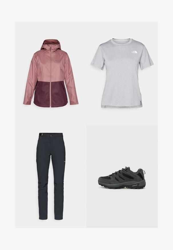 Veste imperméable en rose clair et violet foncé. Comprend une capuche, une fermeture éclair sur toute la longueur à l'avant et deux poches latérales. Matière lisse et légère.; T-shirt gris à manches courtes fabriqué en tissu doux et évacuant l'humidité. Il présente un col rond et un petit logo blanc en haut à gauche.; Pantalons de plein air pour hommes, gris foncé, fabriqués en matériau flexible, dotés d'une ceinture, de poches zippées et de coutures renforcées.; Columbia REDMOND - Chaussures de marche - black/citron haze