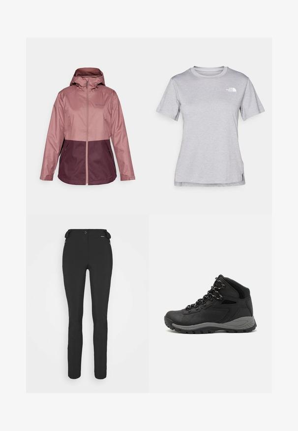 Water-resistant jacket in light pink and dark purple. Features a hood, full front zipper, and two side pockets. Smooth, lightweight material.; Grey short-sleeve t-shirt made of soft, moisture-wicking fabric. Features a crew neck and a small white logo on the upper left.; Black, fitted pants made from a flexible material. Features include a zippered side pocket, articulated knees, and a smooth texture.; Black hiking boot with a mid-top design, featuring a textured upper, gray accents, and durable rubber sole with traction lugs.