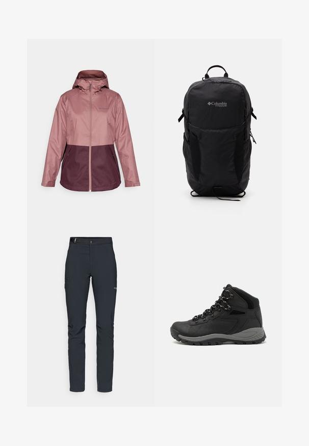 Vandafvisende jakke i lys pink og mørk lilla. Har hætte, fuld frontlynlås og to sidelommer. Glat, letvægtsmateriale.; Sort Columbia t-shirt med hvid cirkulær bjerg- og flodlinjekunst samt teksten "Columbia Sportswear Company Udenfor Siden 1938."; Herrers udendørsbukser, mørkegrå, lavet af fleksibelt materiale, med bælte, lynlåslommer og forstærkede syninger.; Sort vandrestøvle med en mellem-højde design, der har en tekstureret overdel, grå detaljer og en holdbar gummisål med skridsikre klodser.; Sort Columbia Titanium rygsæk med en glat stoftekstur, sidelommer, bærehåndtag og justerbare stropper. Minimalistisk design med diskret branding.