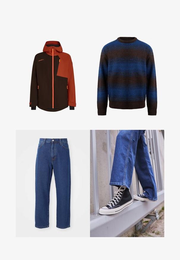 Bruine en oranje geïsoleerde jas met een capuchon, ritszak op de borst, contrasterende stofpanelen en verstelbare manchetten.; Gebreide trui in bruin en blauw met een ribbelstructuur, voorzien van horizontale strepen en een ronde hals. Lange mouwen met ribbelmanchetten.; Hoge taille blauwe jeans van denim, met een rechte pijp silhouet, zichtbare stiksels en een sluiting met een voorknoop.; Zwarte hoge sneakers met witte zool en veters, gecombineerd met losse blauwe denim jeans, rustend op een grijze leuning.